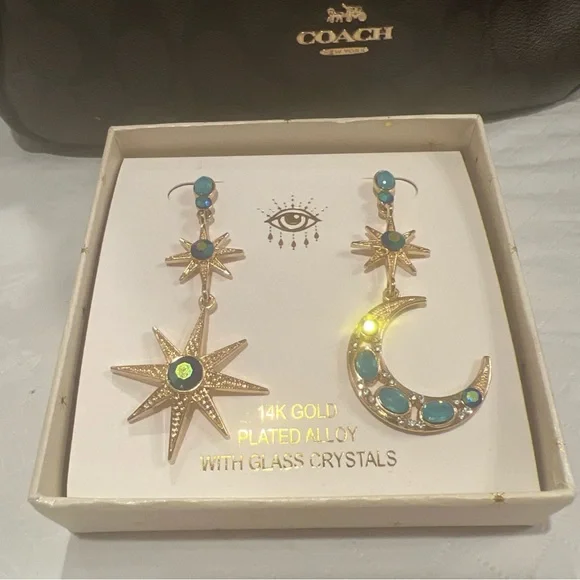 Eye Candy Gold Star and Moon Earrings with Blue Crystals - Picture 2 of 4